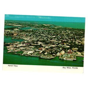 Vintage Aerial View Key West Florida Postcard Vacation Tourism Ocean Roads Water